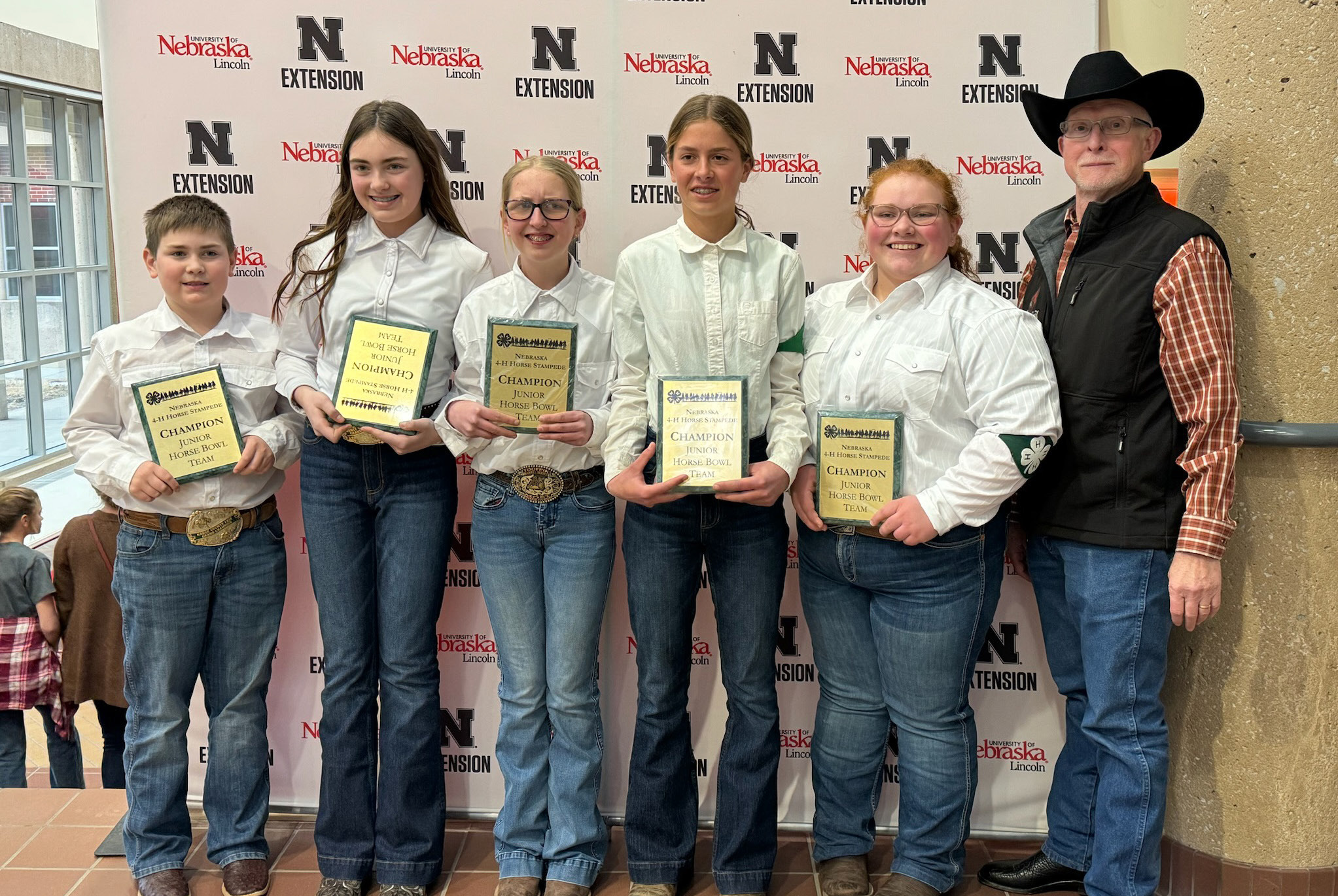 Members of the Champion Boone-Nance County 4-H Intermediate Horse Bowl Team (L-R):, Luke Sonderup, Lora Sonderup , Tinsley Neidhardt, Josie Rother, Dorothy Smith, and Steve Pritchard, coach. Photo provided