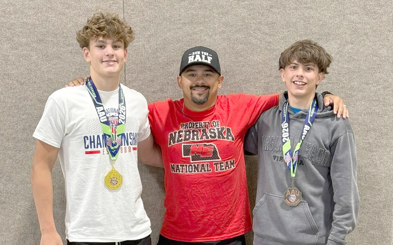 Braxtin Fowler (left) and Cade Kunkel were joined by Twin River coach Kalin Koch at the 2026 AAU Scholastic Duals in Fort Lauderdale, Fla. Photo provided