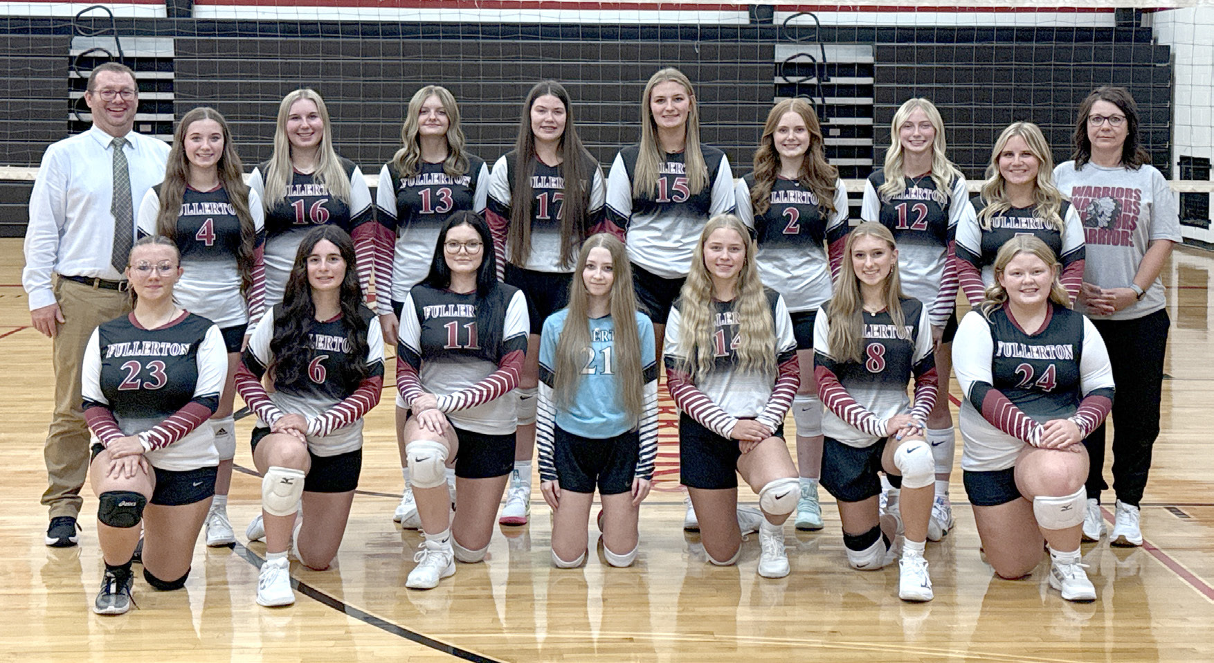 Kneeling: Nevaeh Wendtlandt, Ava Smith, Brooklyn Loseke, Korie Konwinski, Kaycee Harter, Madelyn Russell, Claire Russell. Standing: Coach Ike Carr, Tylar Konwinski, Lexxus Schroeder, Addison Coe, Georgia Bridger, Ella Pickrel, Riley Thomas, Rylyn Hemenway, Reese Dubas, Head Coach Theresa Bridger