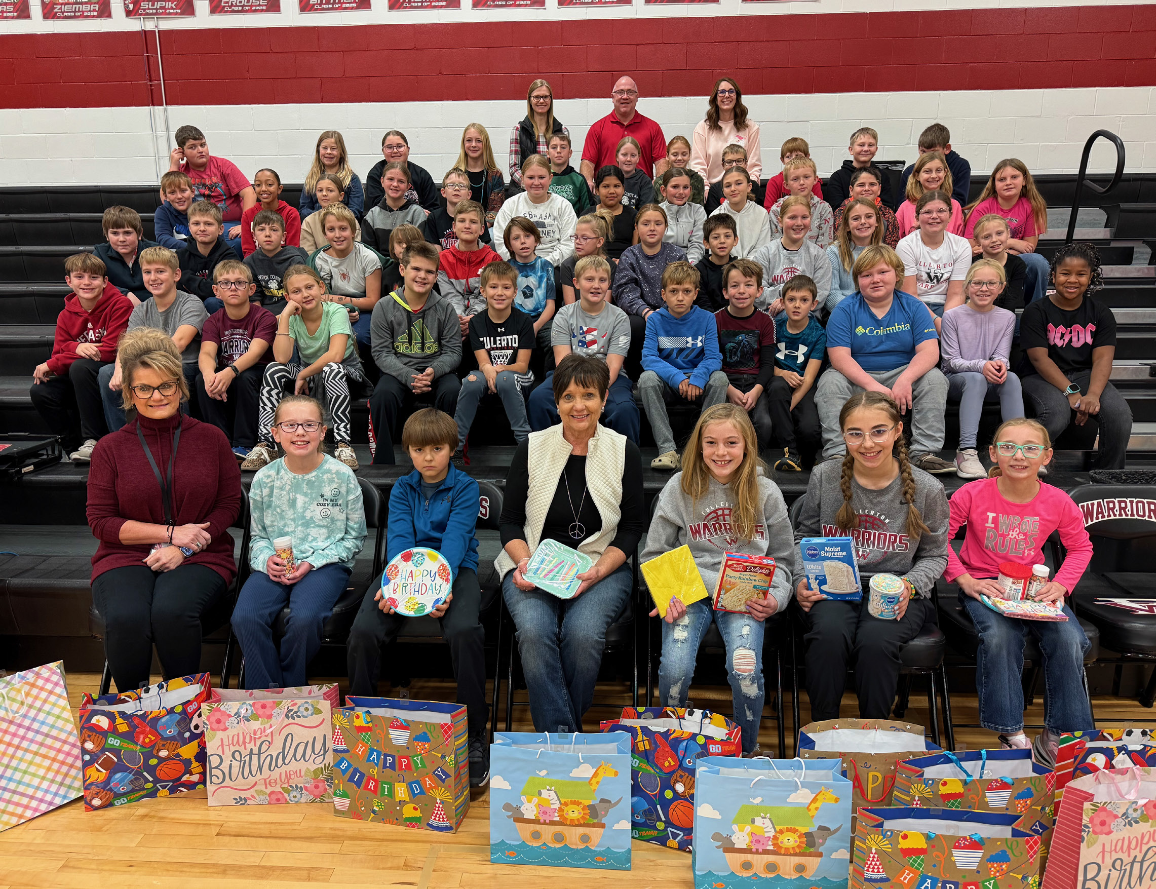 Members of Fullerton’s fourth, fifth and sixth grade classes gather to donate the birthday bags to the Fullerton Food Pantry. The students collected items for a World Kindness Week project. NCJ photos by Rick Holtz