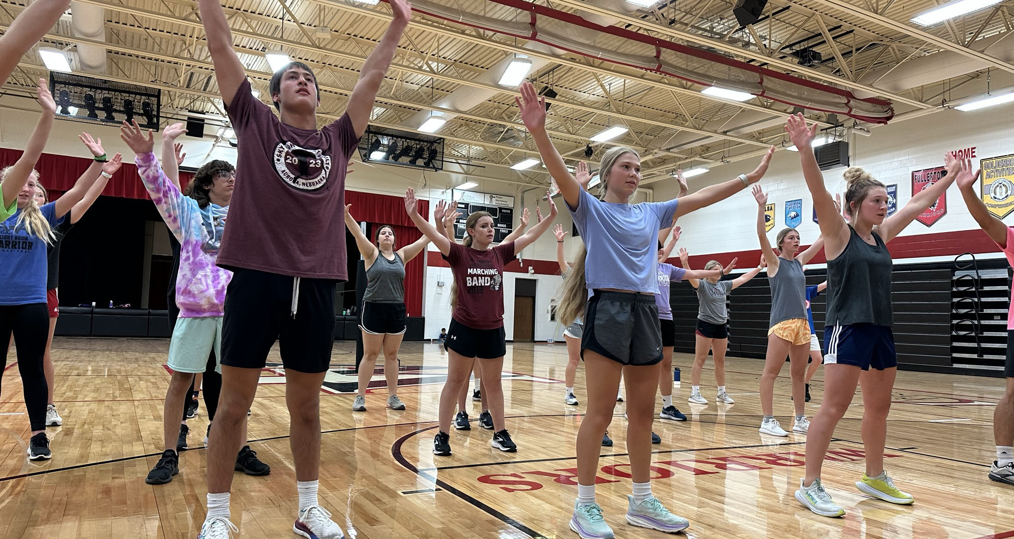 Members of Fullerton’s inaugural show choir, 8th and Broadway, work on their moves last week as part of choreography camp, learning the dances from Emma Sutter, who is a former competitive dancer. NCJ photo by Rick Holtz
