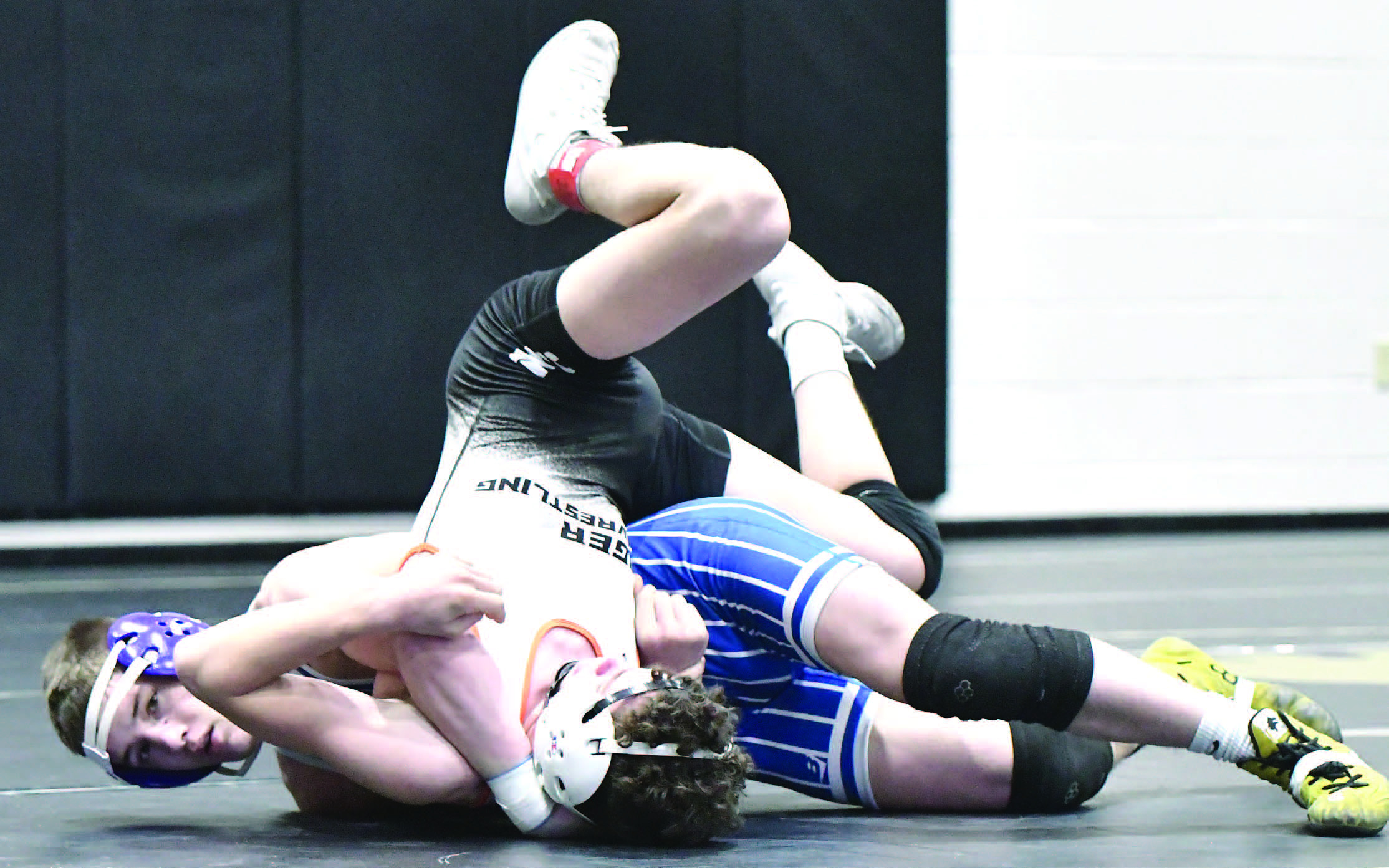 Zach Held pinned Collin Hopkins (North Bend Central) in 37 seconds in their quarter- final match up. NCJ photos by Rick Holtz