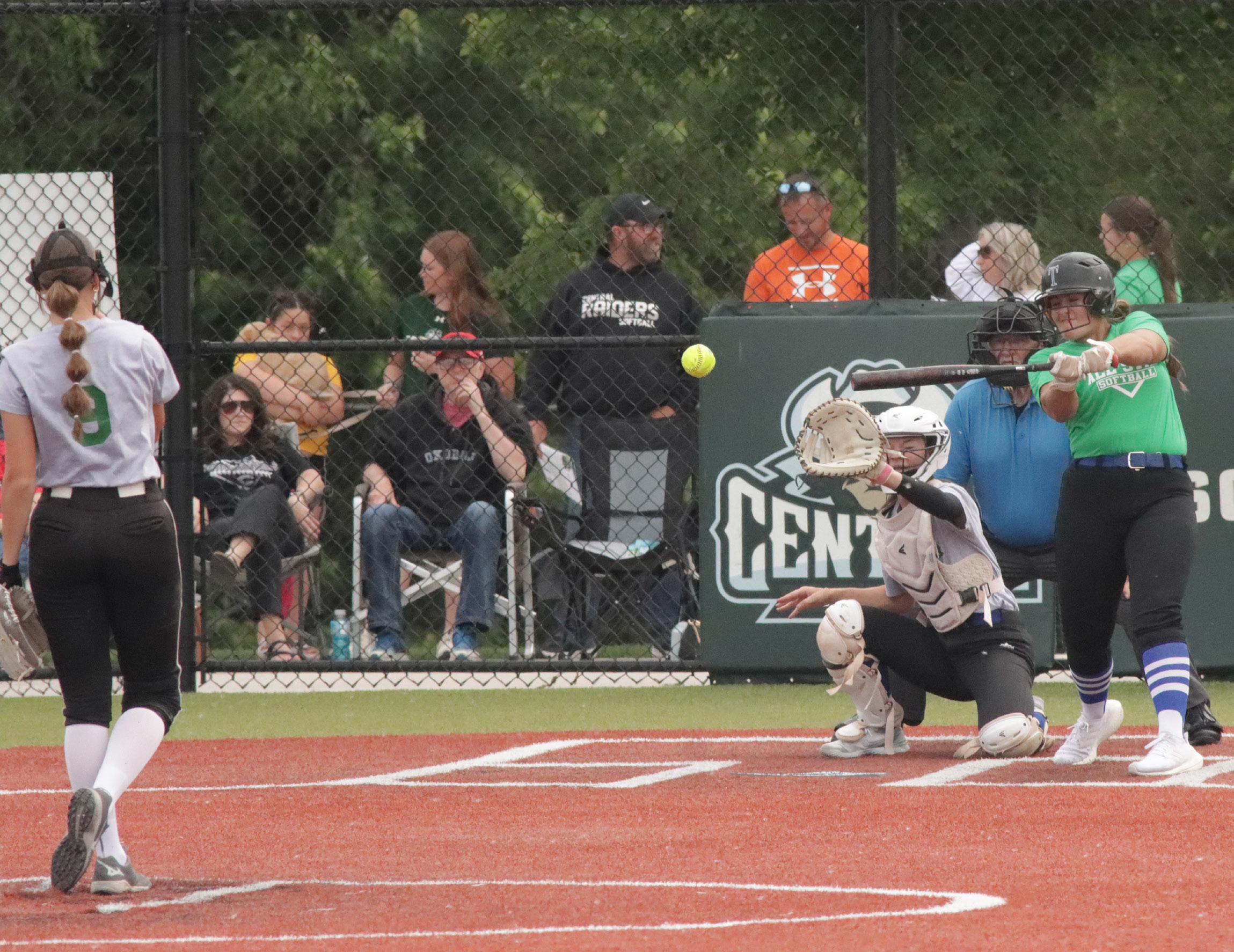 Marcie Spitz (pitching) looks to get the better of former Twin River teammate Lauryn Melcher in their only time directly facing each other at the Central Community College All-Star game last week. NCJ photos by Ken Kush