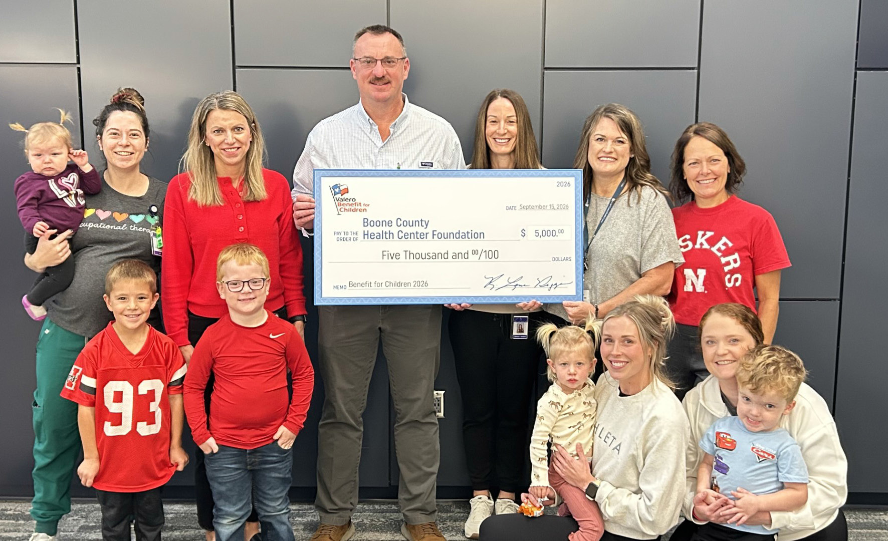 Representatives from Boone County Health Center’s Occupational, Speech, Physical Therapy and Grant/PR departments along with several children who have benefited from Pediatric Therapy accept a $5,000 Valero Benefit for Children grant from Valero representatives Andy Roberts, Plant Manager, and Nicole Levander, Office Coordinator. Photo provided