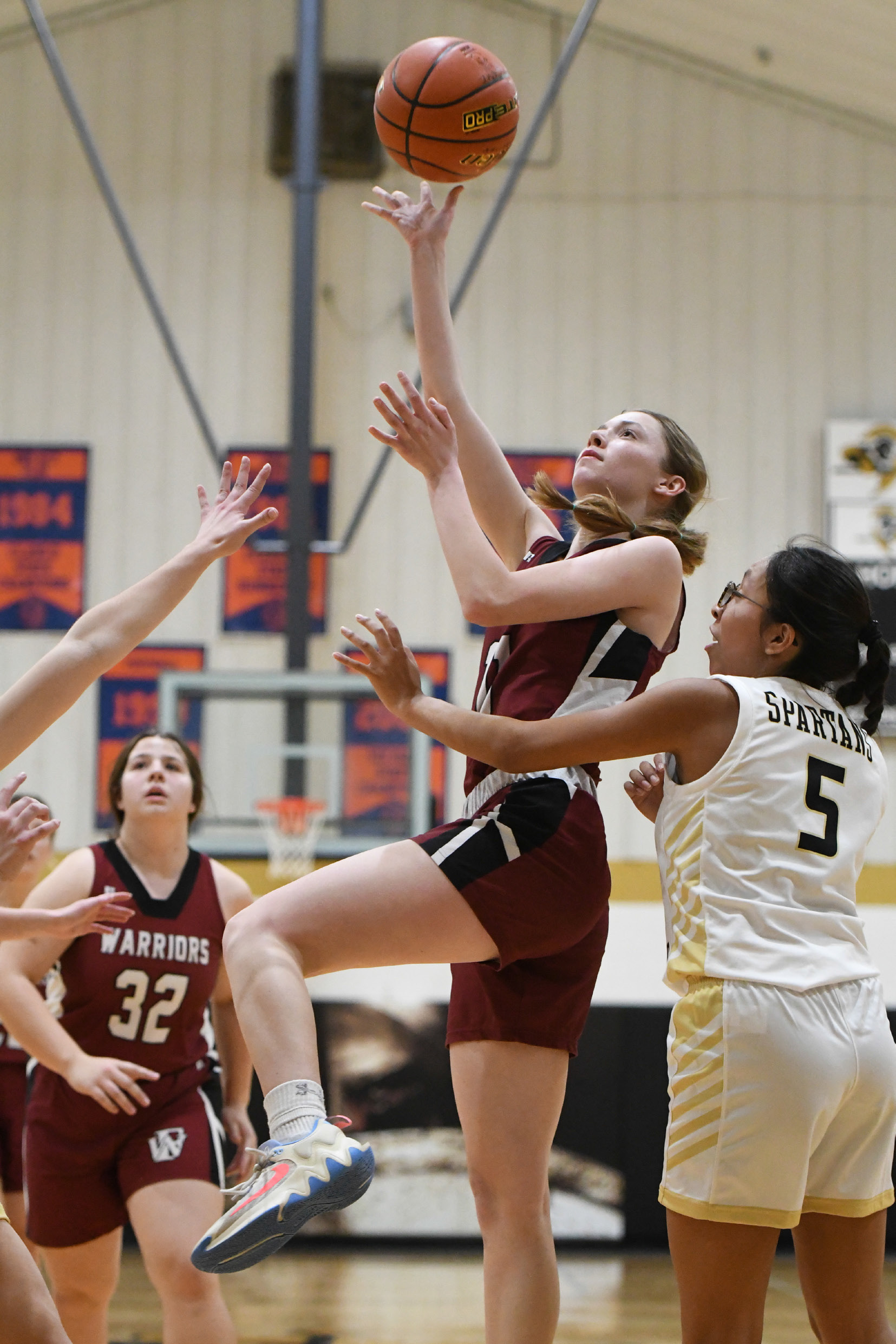 Jaci Maxfield goes up for two of her six points on Thursday in Fullerton’s 34-20 road win over Ansley/Litchfield. NCJ photo by Rick Holtz