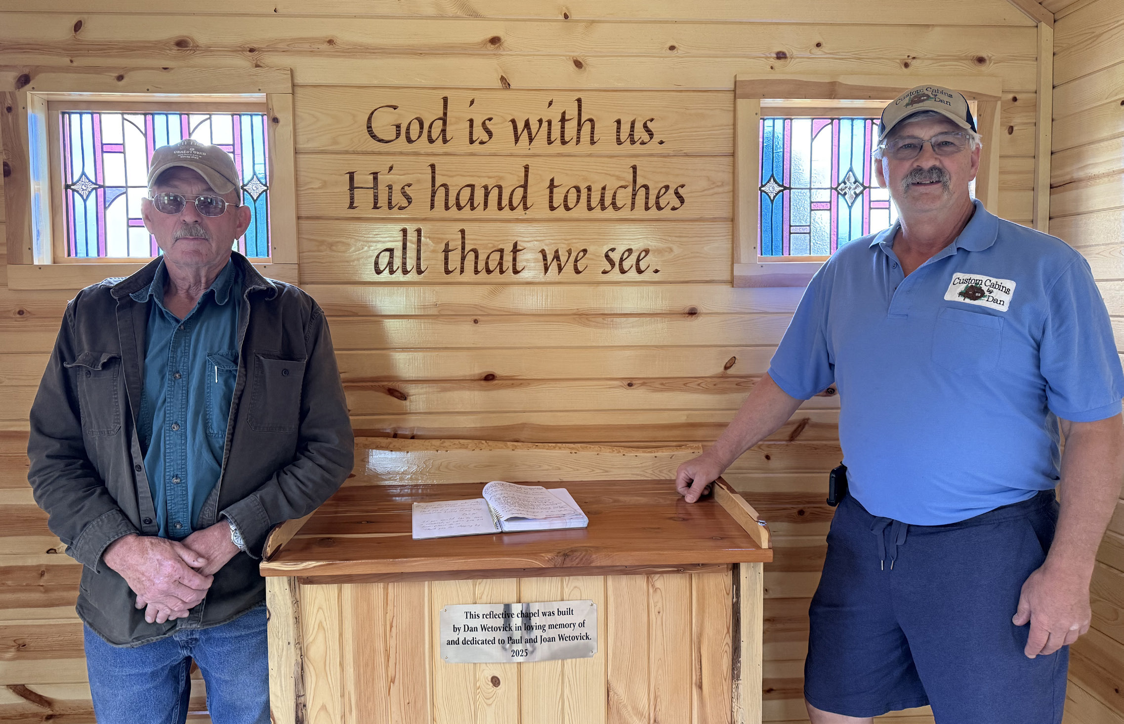 Jon Epley (left) and Dan Wetovick stand inside the chapel that Dan built and donated to the Nance County Veterans Memorial. He built the chapel in memory of his parents, Paul and Joanie Wetovick. NCJ photo by Rick Holtz