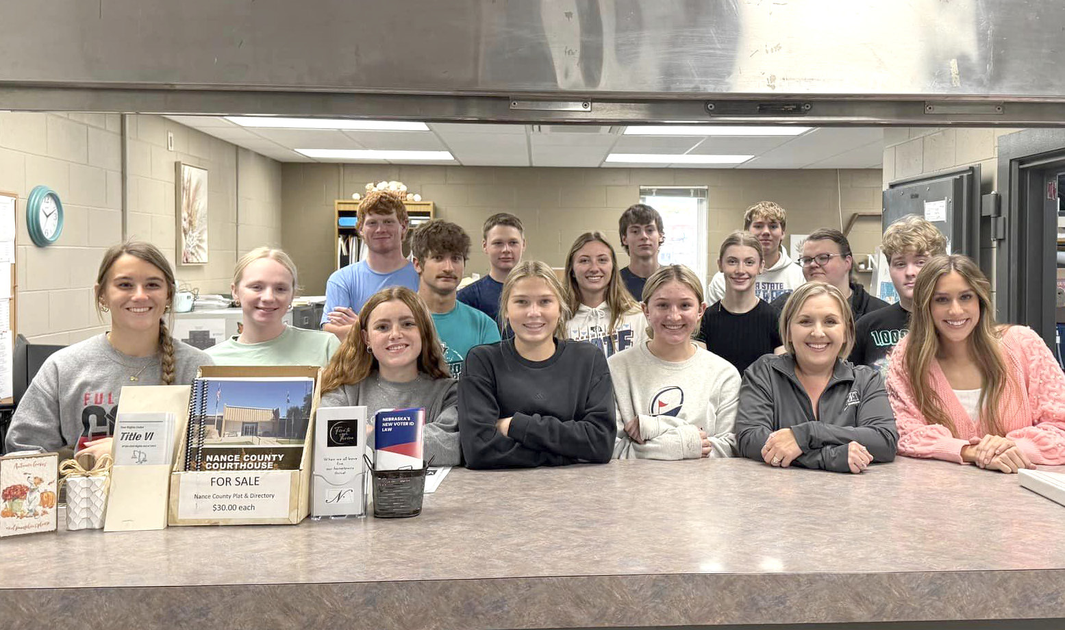 Members of the Fullerton senior class visited the Nance County Courthouse on Monday and received a crash course on elections from Nance County Clerk Adrian Chlopek. For many of the seniors, this will be the first election they can vote. NCJ photos by Rick Holtz