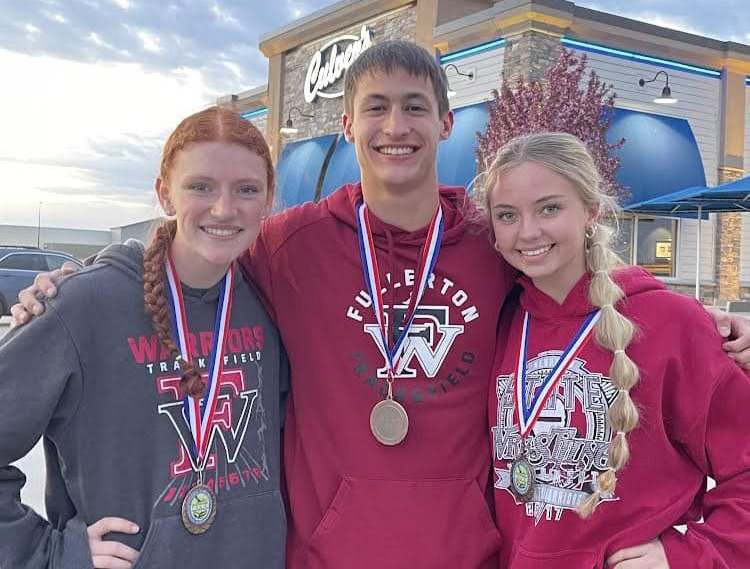 Julianna Maxfield (left), Roe Patton and Teagan Gonsior all won medals on Monday at the Central Nebraska Track Championships in Grand Island. Fullerton Schools photo