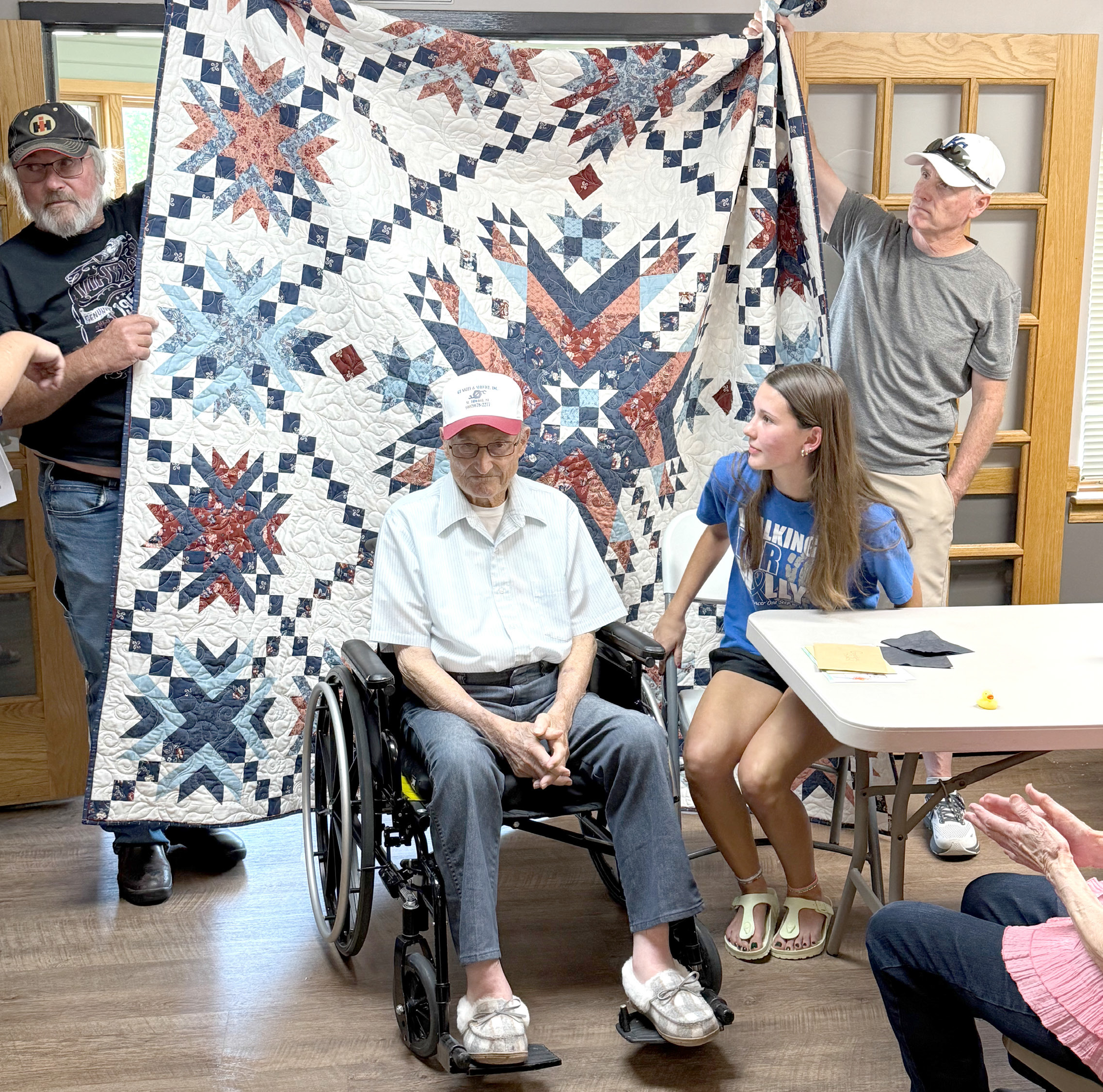 Genoa resident Bennie Rinkol was presented with a Quilt of Valor on Sunday. His quilt was created by Josie Williams and it will be on display at the Nebraska State Fair. NCJ photo by Rick Holtz