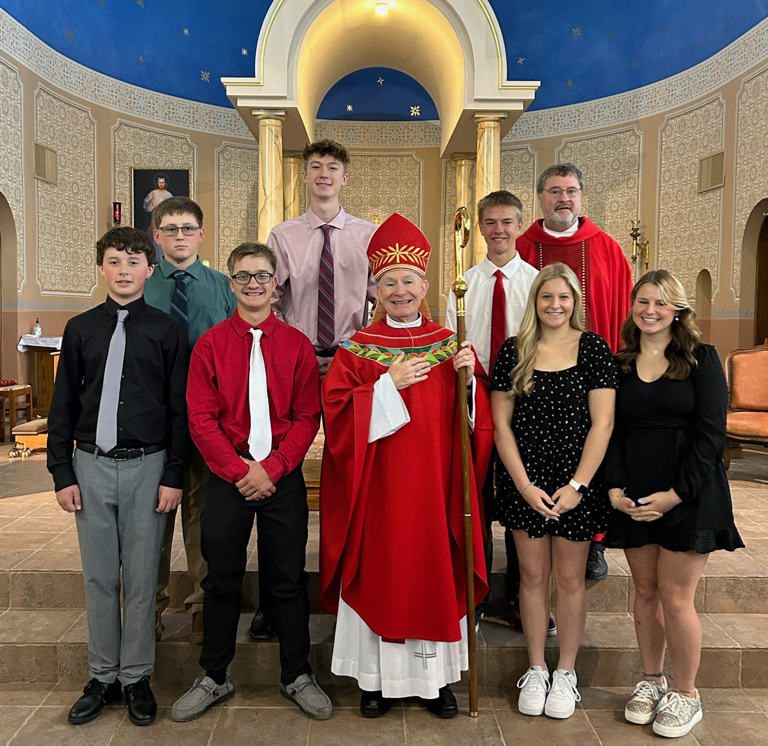 Congratulations to the 2023 Confirmation class of St. Peter’s Catholic Church. Back row (L to R) Kaden Earl, Kane Wetovick, Cruz Blauhor, Reverend William L’Heureux. Front Row (L to R): Wyatt Reilly, Cael Dubas, Archbishop George Lucas, Hannah Ciancio, and Sami Sullivan. Photo Provided