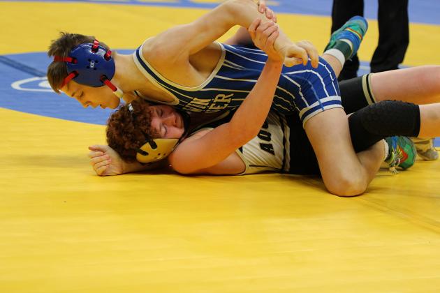 Zach Held went 2-0 on Thursday with a pin and a major decision. He will be back in action on Friday. NCJ photo by Travis Lane