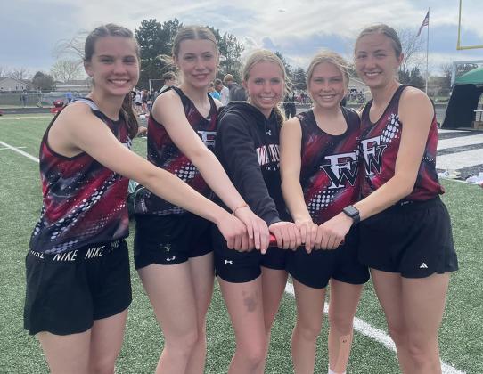 Congratulations on a new PR for the 4x800 team by 25 seconds at the CNTC track meet on Monday! From left: Josie Williams, Jaci Maxfield, Emilyn Kurz, Morgan Supik and Makayla Robinson. Photo provided