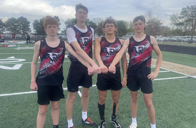 Congratulations to the boys 4x800 team with a new best time by 14 seconds today at the CNTC track meet on Monday! From left: Jacob Maxfield, Kane Wetovick, Matthew Hittner and Nolan Dubas. Photo provided