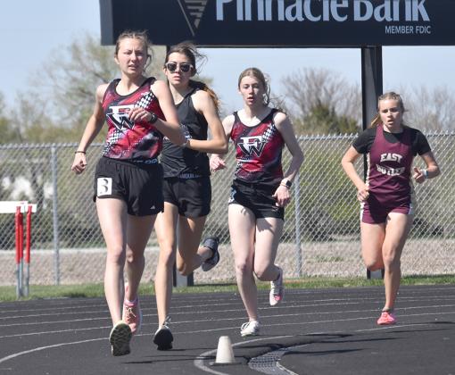 Makayla Robinson and Jaci Maxfield run in the 1600-meter run.  Maxfield finished second and Robinson finished third. NCJ photos by Cienna Friesen