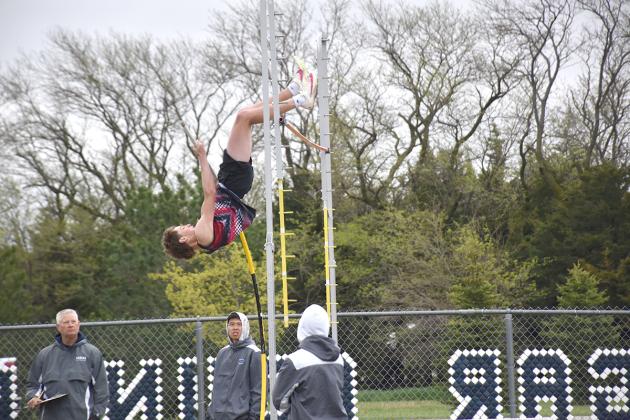 Nolan Dubas finished second in the pole vault, clearing a 10-foot jump. NCJ photo by Beth Sparrow
