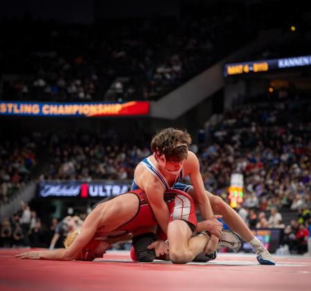 The Titans Cade Kunkel wrestling at 113 pounds won his first match at State. NCJ photos by Jen Johnson