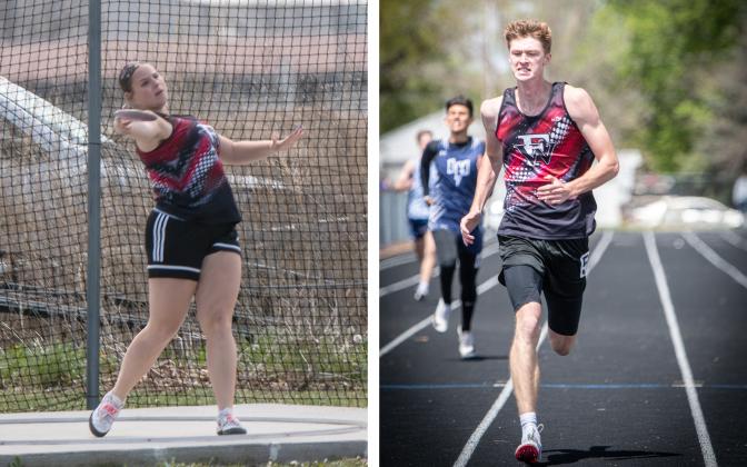 LEFT: Sami Sullivan finished 10th in the discus with a 83-06 throw. RIGHT:Kane Wetovick won the 400-meter dash (51.49) and 800-meter run (2:03.80) and finished second in the triple jump with a 40-08.25 jump. NCJ photos by Rick Holtz