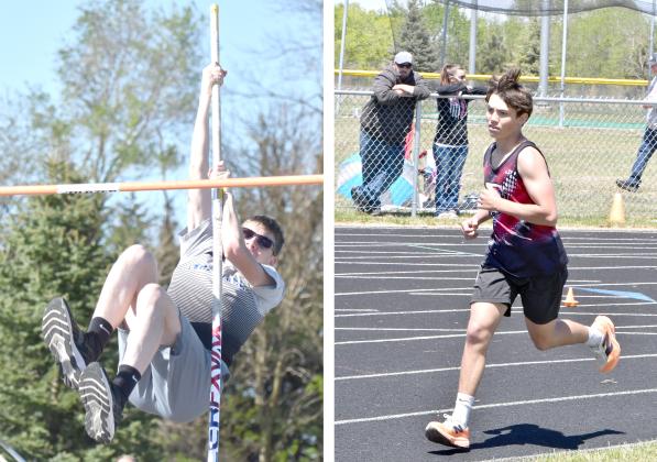 LEFT: Ryker Stenzel finished 13th in the pole vault, clearing a height of 8-02.00. NCJ photo by Calvin Holtz  RIGHT: Mason Hemmingsen finished 15th in the 1600-meter run with a time of 5:43.63. NCJ photo by Rick Holtz