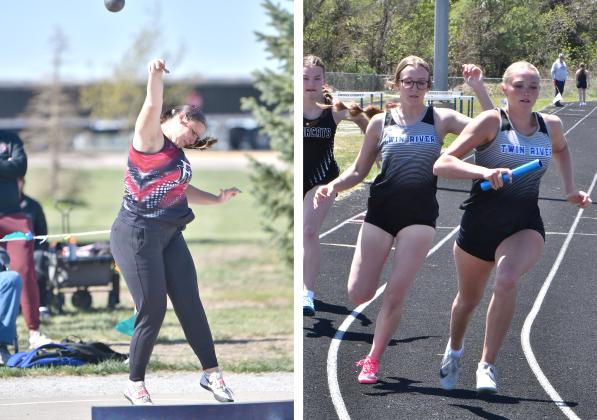LEFT: Sami Sullivan finished 10th in the shot put with a 28-01.00 throw. RIGHT: Grace Yrkoski takes the baton from Adalyn Bishop to run the third leg of Twin River’s 4x100-meter relay. NCJ photos by Rick Holtz