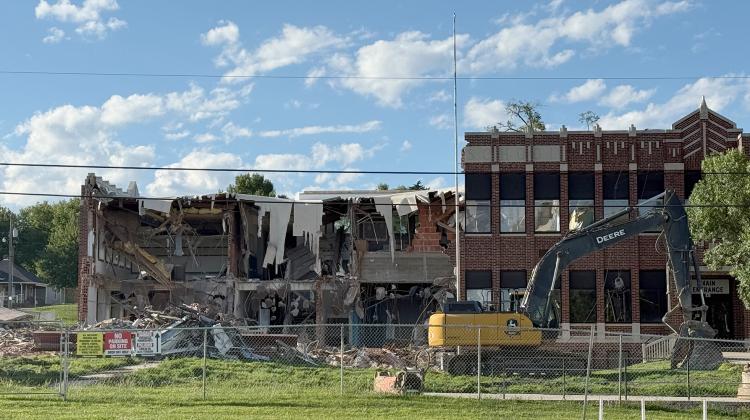 The 1929 school building started coming down this week. NCJ photo by Rick Holtz