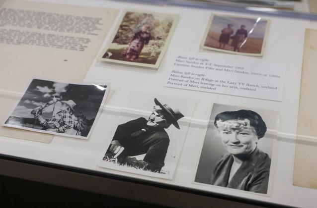A portion of the Mari Sandoz archival collection is on display inside UNK’s Calvin T. Ryan Library. Photo by Erika Pritchard, UNK Communications
