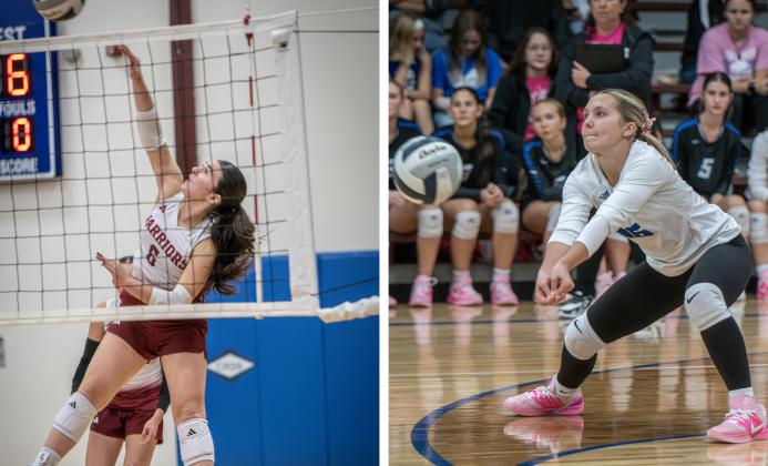 LEFT: Ava Smith goes on the attack for the Warriors during their match with Newman Grove/St. Edward. RIGHT: Layney Matthes keeps the rally going for the Titans on Monday against Elgin/Pope John. NCJ photos by Rick Holtz