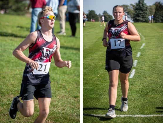 LEFT: Tate Wood finished 6th and earned a medal at the conference meet. RIGHT: Delylla Olson crossed the finish line with a look of determination on her face. NCJ photos by Rick Holtz 