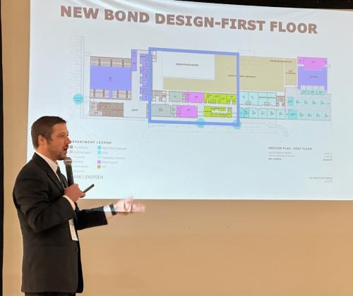 Twin River Superintendent Jason Schapmann gives the community an overview of the new building project proposal. The district unveiled the project at a special meeting on Thursday. NCJ photo by Rick Holtz