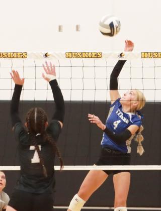 Myah Rinkol had 3 kills against Hampton/Heartland and 2 kills against Shelby-Rising City. NCJ photo by Ken Kush