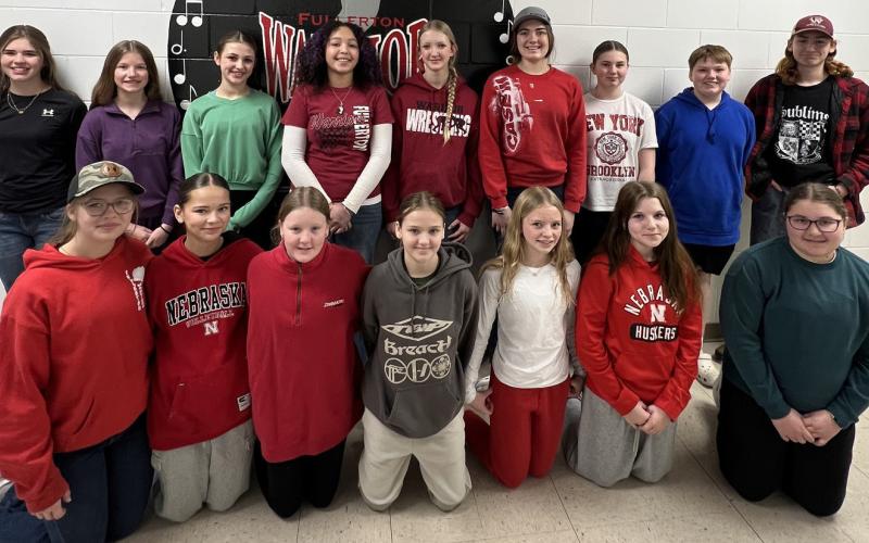 Congratulations to the Fullerton Junior High Band members selected to participate in the York Junior High Honor Band on March 28! Front row: Renee Reimers, Layla Page, Kindall Francis, Elle Borgheiinck, Sara Russell, Lincoln Schroeder, Kamryn Gryzwa. Back row: Sarah Bentz, Ellie Meysenburg, Carly Malander, Koco Samuels, Austry Adams, Lora Sonderup, Bre Bernt, Sam Beed, and Joe Johnson. Not Pictured: Brady Carr. Photo provided