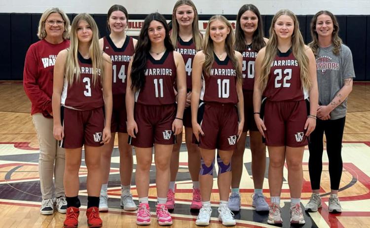 Front Row: Reagan Syslo, Ava Smith, Madalyn Russell and Kaycee Harter. Back row: coach Shelly McNeff, Georgia Bridger, Ella Pickrel and Lylla Sabata and head coach Alyssa Reardon.