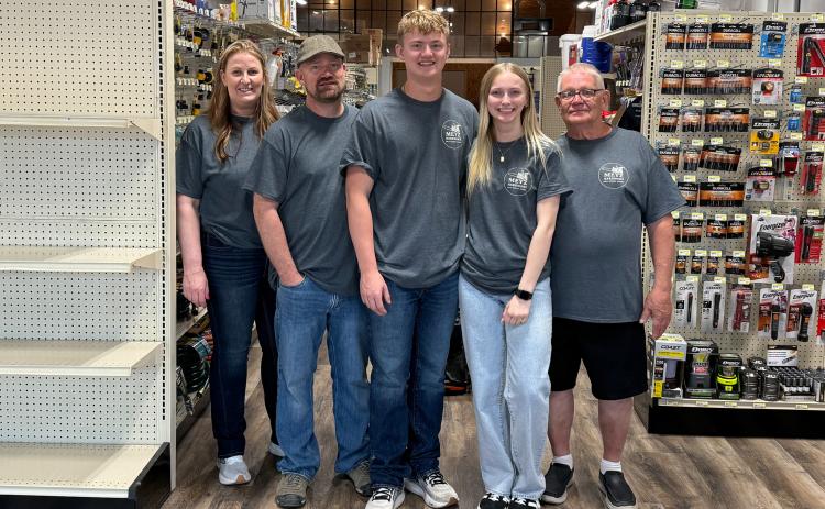 Meyz Hardware opened on Monday. Pictured are Andrea Meysenburg, Lee Meysenburg, Maxton Meysenburg, Rylyn Hemenway and Pat Meysenburg. NCJ photo by Rick Holtz