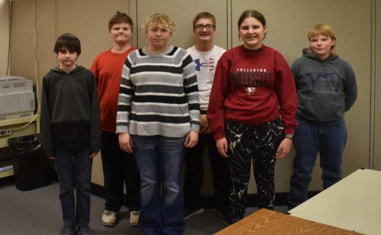 The Top Six Spellers - Back row (from left to right): Colton Harris, Cael Dubas, Wyatt Beed. Front row (from left to right): Carson Kershaw, Dejah Yosten, Lylla Sabata.