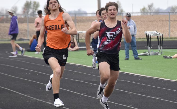 Fletcher Dubas finished third in the 200-meter dash at the Shelby-Rising City Invite with a time of 23.61. NCJ photo by Beth Sparrow