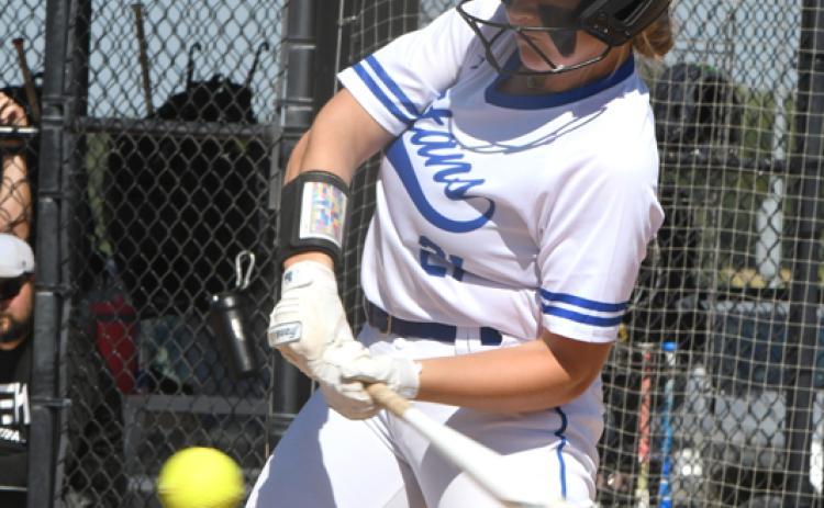 Karley Vering reaches on a single in the bottom of the fifth inning on Saturday. NCJ photo by Rick Holtz
