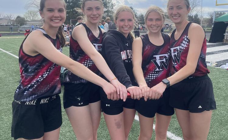 Congratulations on a new PR for the 4x800 team by 25 seconds at the CNTC track meet on Monday! From left: Josie Williams, Jaci Maxfield, Emilyn Kurz, Morgan Supik and Makayla Robinson. Photo provided