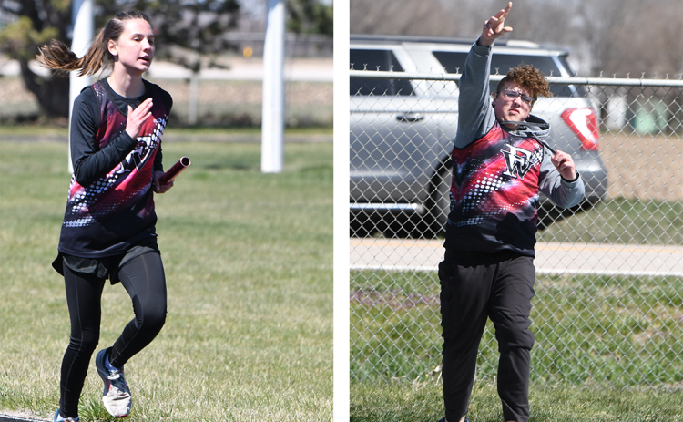LEFT: Josie Williams runs a leg of the 4x800-meter relay. RIGHT: Everett Gleason finished 18th in the shot put with a 28-6 throw. NCJ photos by Rick Holtz