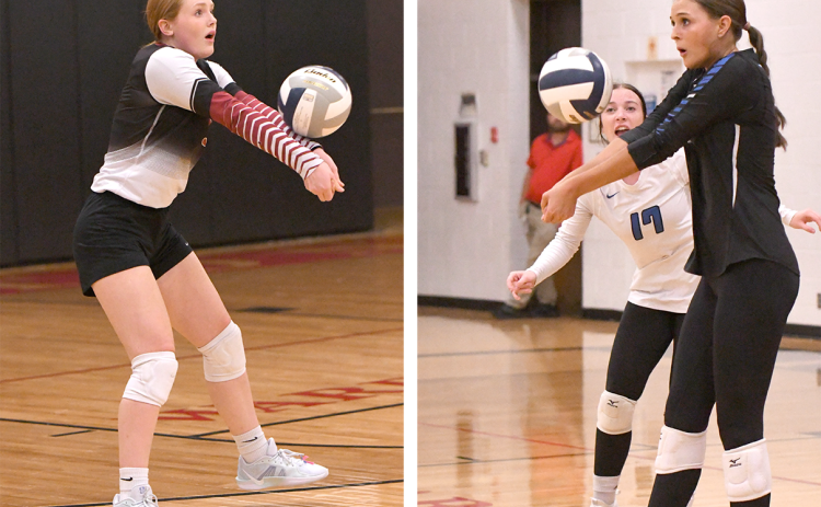 LEFT: Riley Thomas controls a serve to get the Warrior offense going. RIGHT: Briley Cuba comes up with a dig on Thursday to keep the Titans in the second set. NCJ photos by Rick Holtz