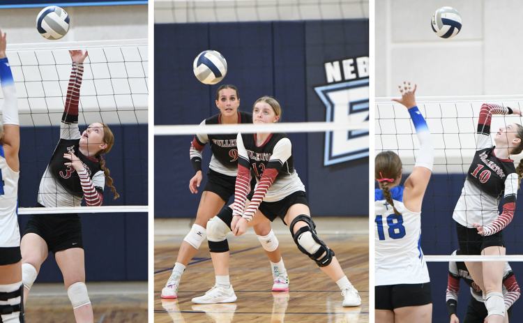 LEFT: Riley Thomas had 18 digs, 4 kills and 2 aces on Thursday. MIDDLE: Addison Coe returns a serve against the Defenders. RIGHT: Jaci Maxfield finished with 16 kills on Thursday. NCJ photo by Calvin Holtz