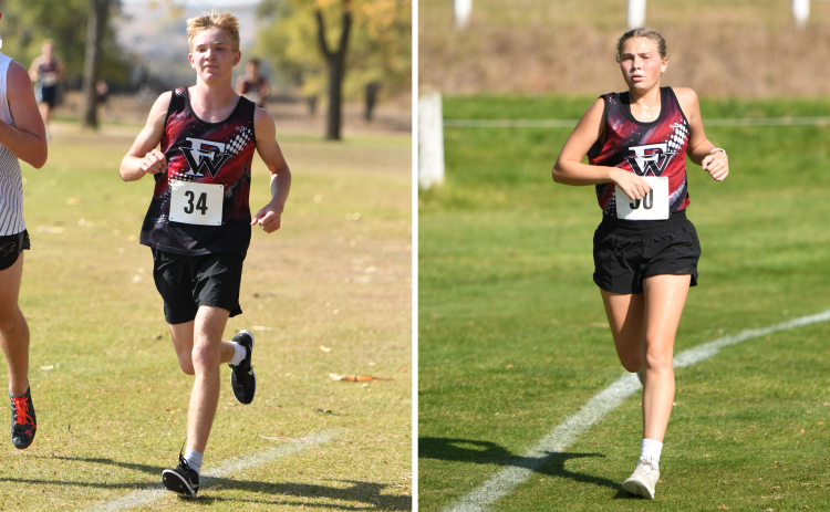 LEFT: Tate Wood finished eighth with a time of 19:22. RIGHT: Morgan Supik finished seventh with a time of 22:56. The Warriors run in the district meet on Thursday. NCJ photos by Rick Holtz