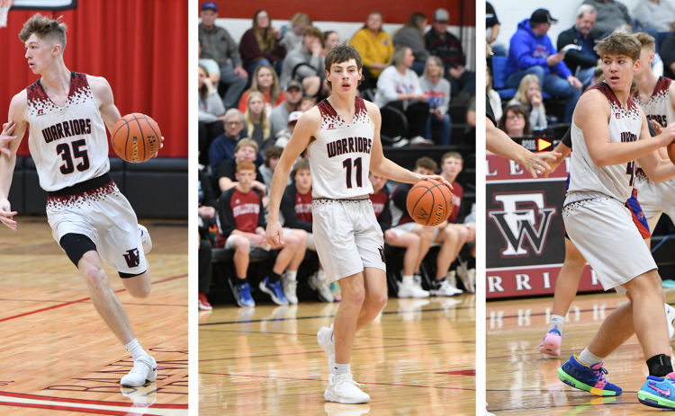 LEFT: Kane Wetovick finished with 15 points and 15 rebounds in Fullerton's win on Saturday. CENTER: Nolan Dubas added 10 points for the Warriors. RIGHT: Hunter Gochenour contributed 9 points and 7 rebounds. NCJ photos by Rick Holtz