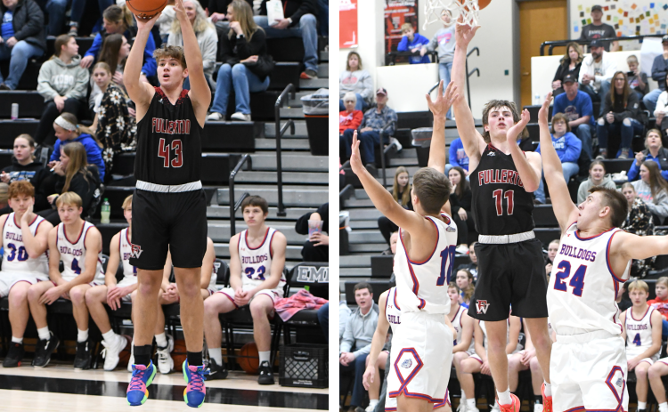 LEFT: Hunter Gochenour knocks down a long-range shot in front of the Humphrey-Lindsay bench on Friday. RIGHT: Nolan Dubas finished with 9 points against Humphrey-Lindsay. NCJ photo by Rick Holtz