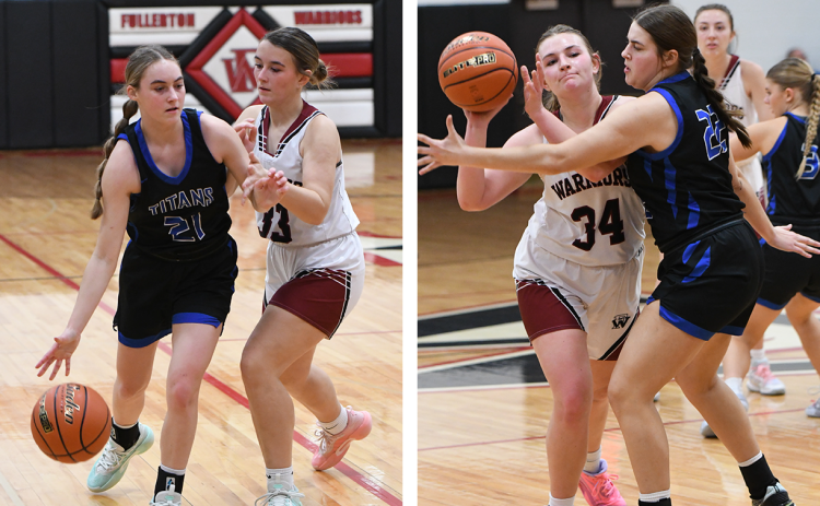 LEFT: Katie Preister finished with 8 points, 4 rebounds and 2 steals off the bench for Twin River. RIGHT: Fullerton’s Ella Pickrel looks to make a post move around Twin River Clara Preister.NCJ photos by Rick Holtz