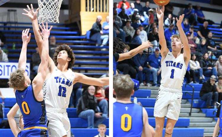 LEFT: Braedyn Ramaekers goes in for two of his four points last week against Nebraska Lutheran. He also finished with a game-high 15 rebounds. RIGHT: Colsten Rodriguez scored a career-high 19 points last Tuesday. NCJ photos by Rick Holtz