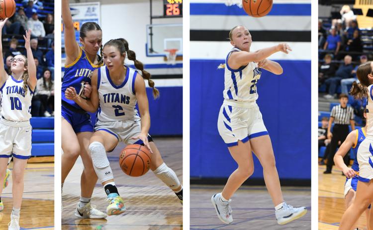 LEFT: Adalyn Bishop scored 2 points and grabbed 5 rebounds coming off the bench for the Titans. MIDDLE LEFT: JLee Van Driel finished with a game-high 16 points. MIDDLE RIGHT: Mya Ramaekers had 11 rebounds and 10 points in the win. RIGHT: Clara Preister was a force in the middle, finishing with 10 rebounds. NCJ photo by Rick Holtz