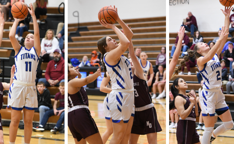 LEFT: Sienna Beck finished with 8 points off the bench for the Titans on Friday and Saturday. CENTER: Clara Preister goes up for 2 of her 8 points on Saturday in Twin River’s 55-24 win over Neligh-Oakdale. RIGHT: JLee Van Driel scores on a fast-break after a steal on Saturday. NCJ photo by Rick Holtz