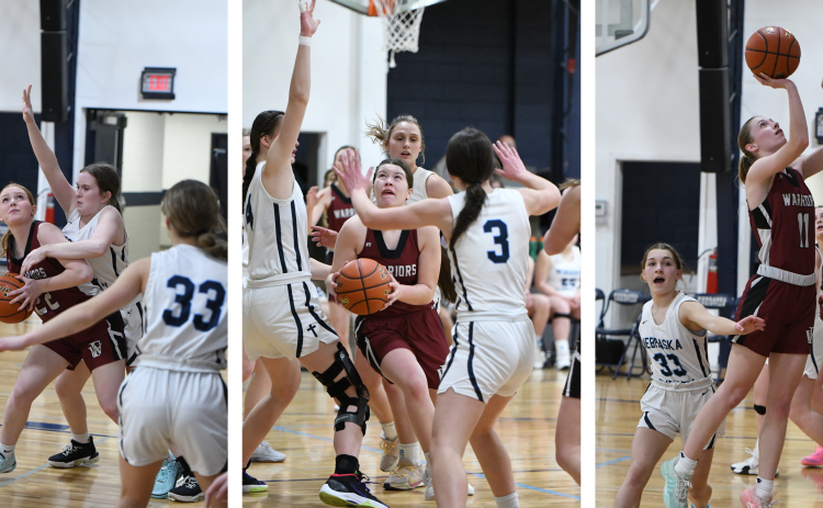 LEFT: Riley Thomas finished with 6 points and 4 rebounds. MIDDLE: Georgia Bridger had 8 points and 5 rebounds. RIGHT: Jaci Maxfield led the Warriors with 17 points, 7 rebounds and 4 steals. NCJ photos by Rick Holtz
