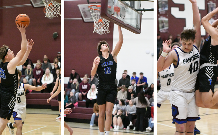 LEFT: Lane Lund scored 3 points for the Titans on Thursday. MIDDLE: Braedyn Ramaekers scores 2 of his 7 points. RIGHT: Corbin Rodriguez goes strong to the basket in the fourth quarter and draws the foul. NCJ photos by Rick Holtz