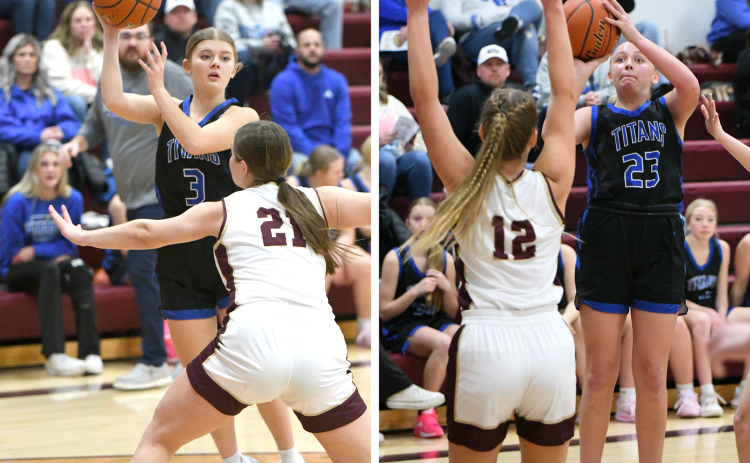LEFT: Parker Zabka finds the open teammate after driving to the basket in the third quarter. RIGHT Mya Ramaekers scored a game-high 19 points in Twin River’s win over East Butler. NCJ photo by Rick Holtz