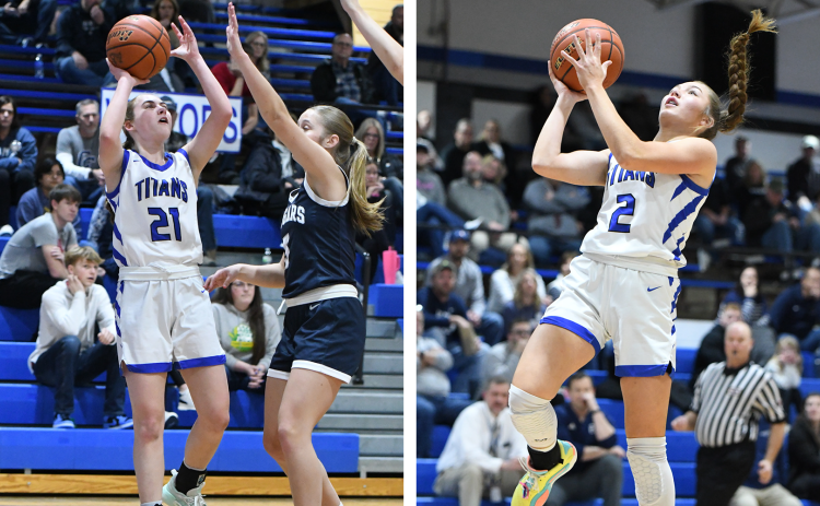 LEFT: Katie Preister pulls up for 2 of her 5 points against Cross County. RIGHT: JLee Van Driel goes in for an easy 2 points after stealing the ball near midcourt. NCJ photo by Rick Holtz